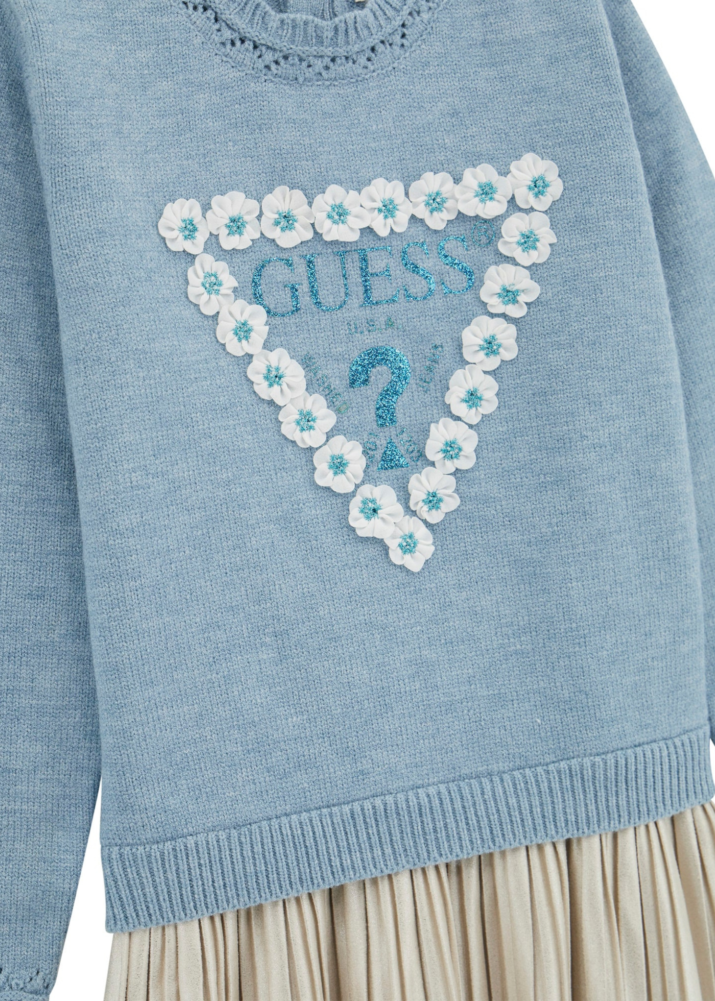 Rochie Tricotata Bleu cu Maneca Lunga si Pliseuri Bej K5YK08 Z3OS0 F7TG Guess