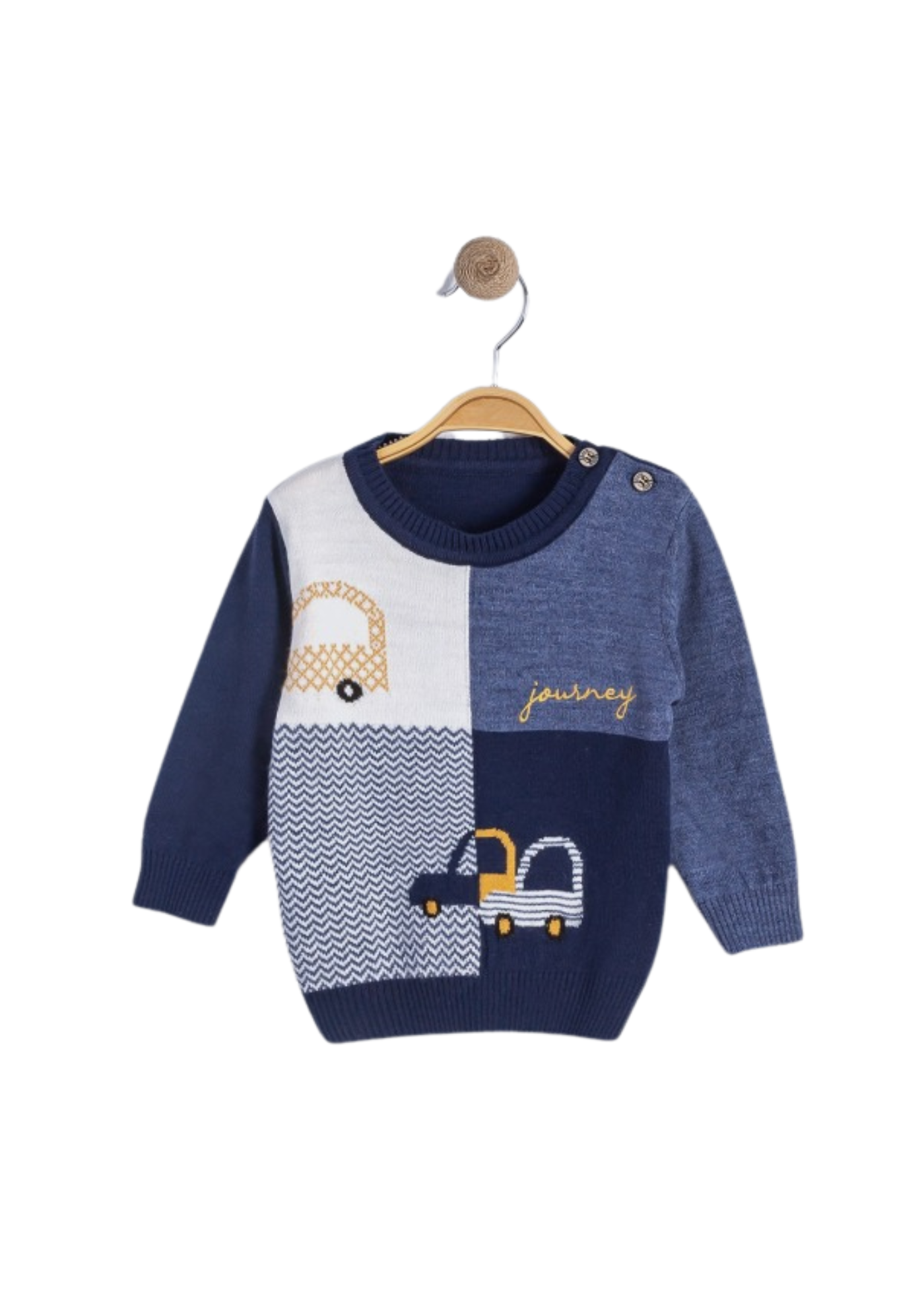 Set 3 Piese Pulover Bleumarin cu Galben cu Masini Camasa Alba si Pantaloni Pungi Bleumarin 16235 Bebus