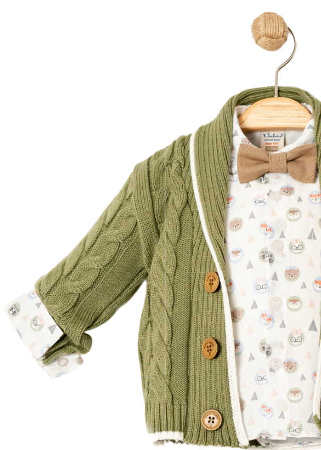 Set 3 Piese Cardigan Tricotat Verde Camasa Alba cu Animalute Pantaloni si Papion Bej 15024 Bebus