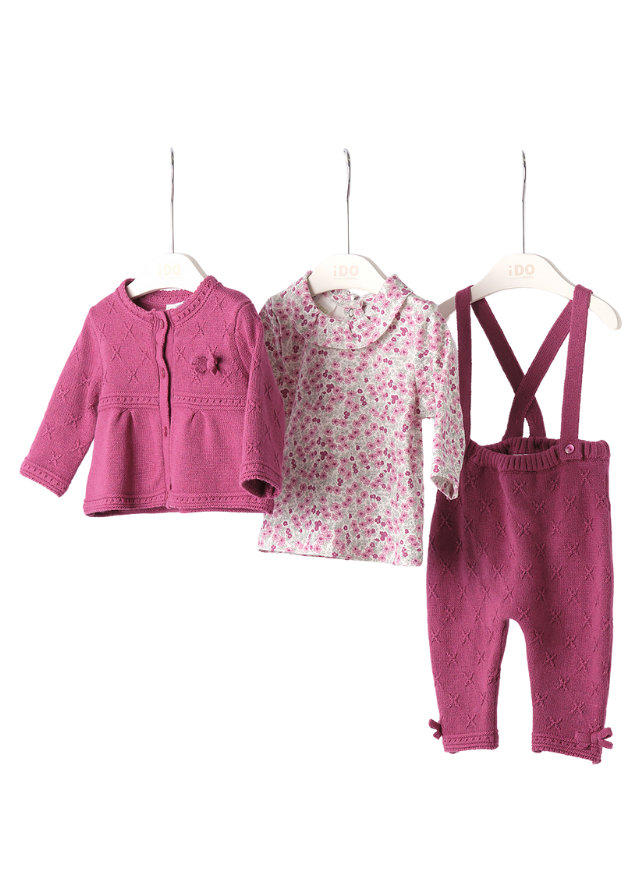 Set 3 Piese Salopeta Lunga si Cardigan Tricot Frez si Bluza cu Flori iDO