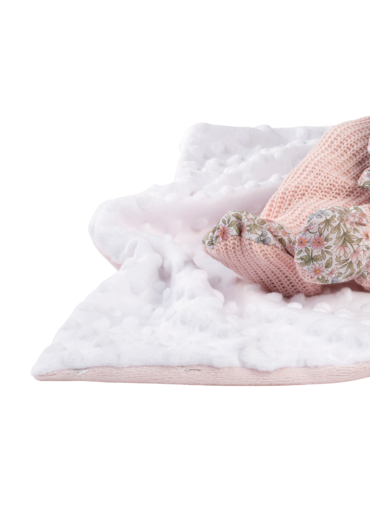 Papusa Bruna , 42 cm, Fara Par, Corp Vinil+Textil cu Pantaloni Roz si Camasa Imprimeu Floral, Accesoriu Paturica Alba cu Urechi 848 Guca Munecas