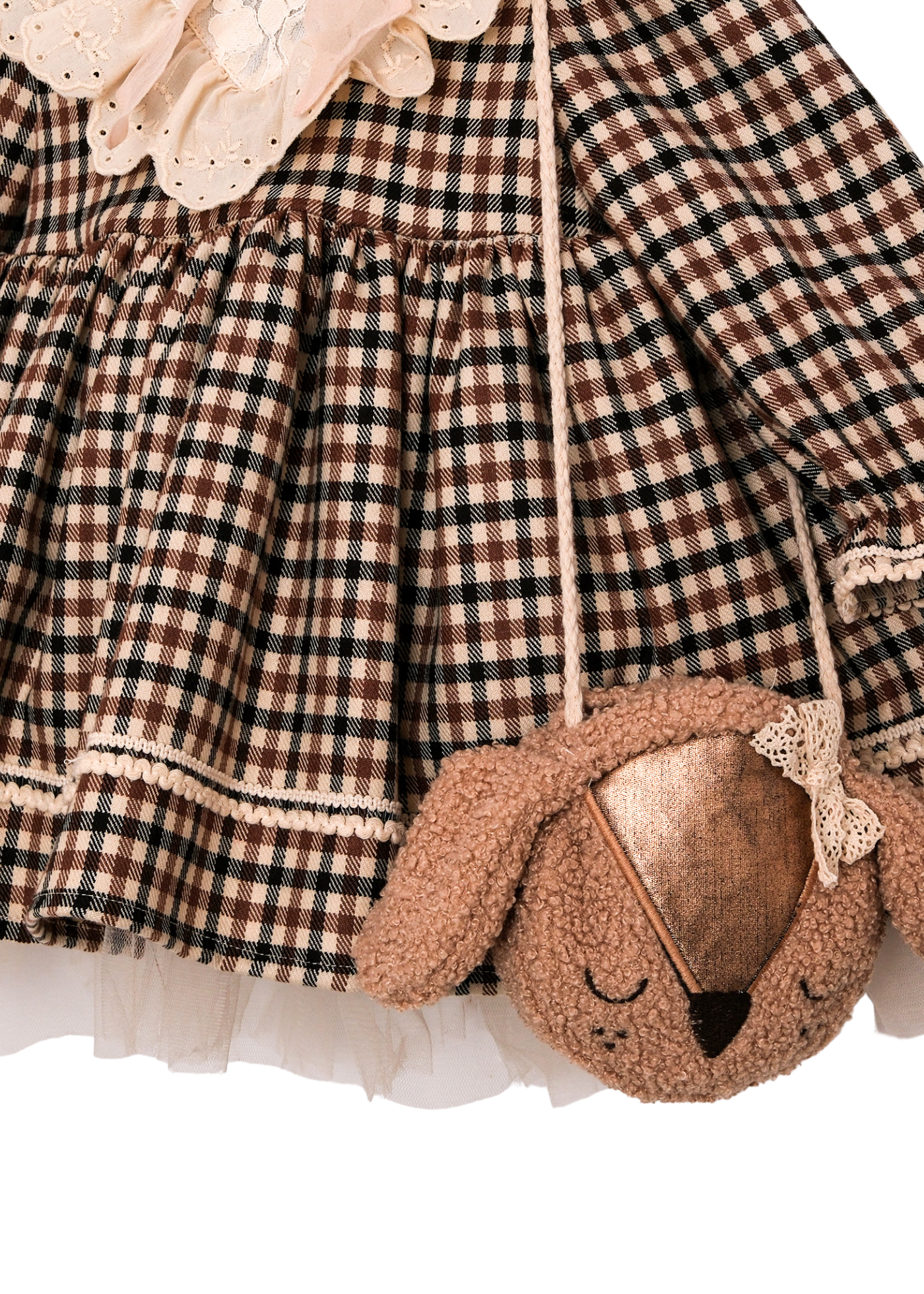 Rochie cu Maneca Lunga Carouri Maro cu Bej si Gentuta Caprioara 3734 Mino Baby