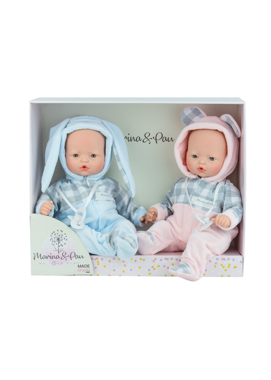 Papusi Gemene Parfumate, Corp Moale cu Mecanism, Fetita cu Salopeta Roz Ursulet si Baietel cu Salopeta Bleu Iepuras 589 – Marina&Pau