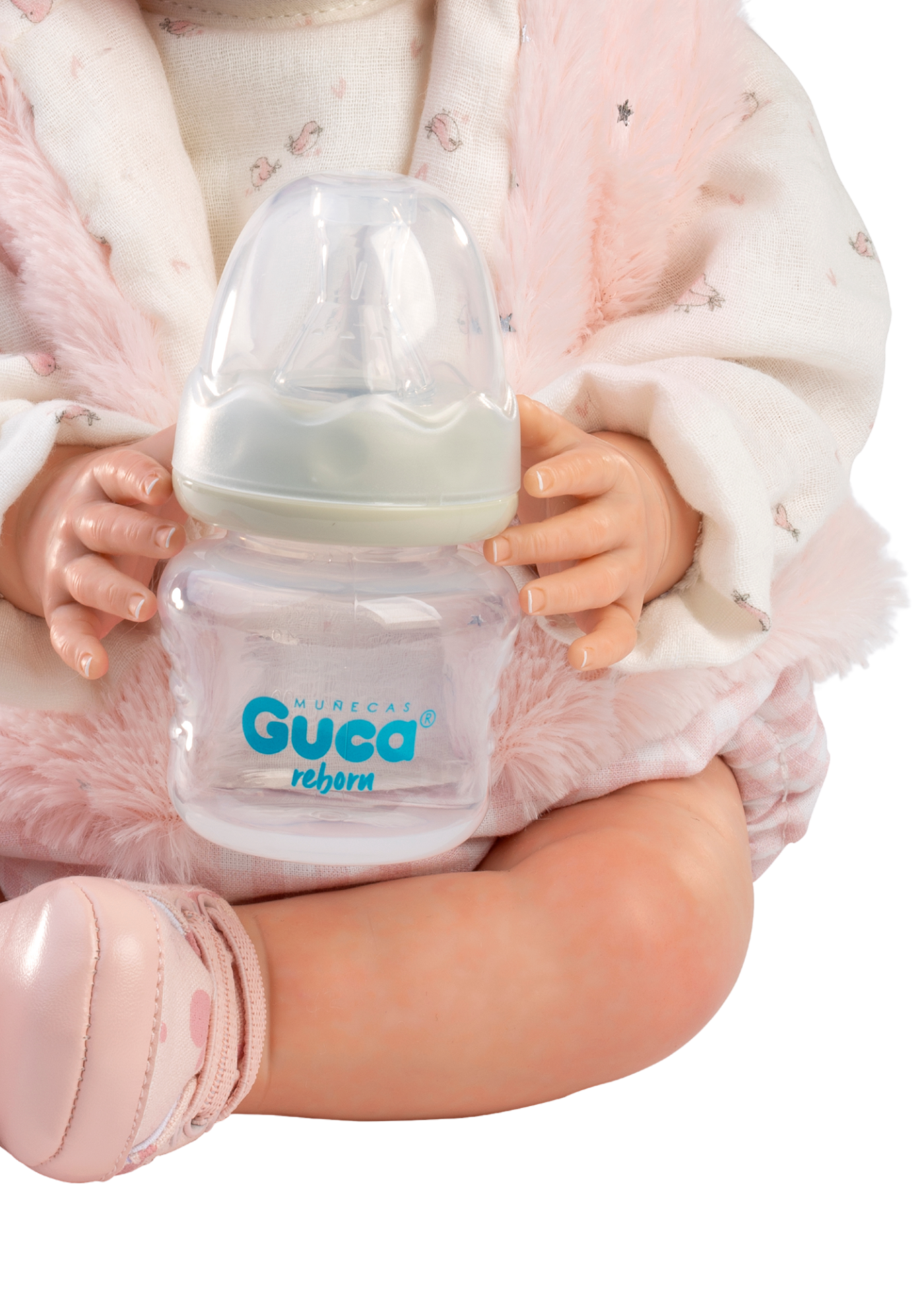 Reborn Elsa, 42 cm, Fara Par, Corp Vinil+Textil cu Costumas Tricotat Alb si Vesta de Blanita Roz 10284 Guca Munecas