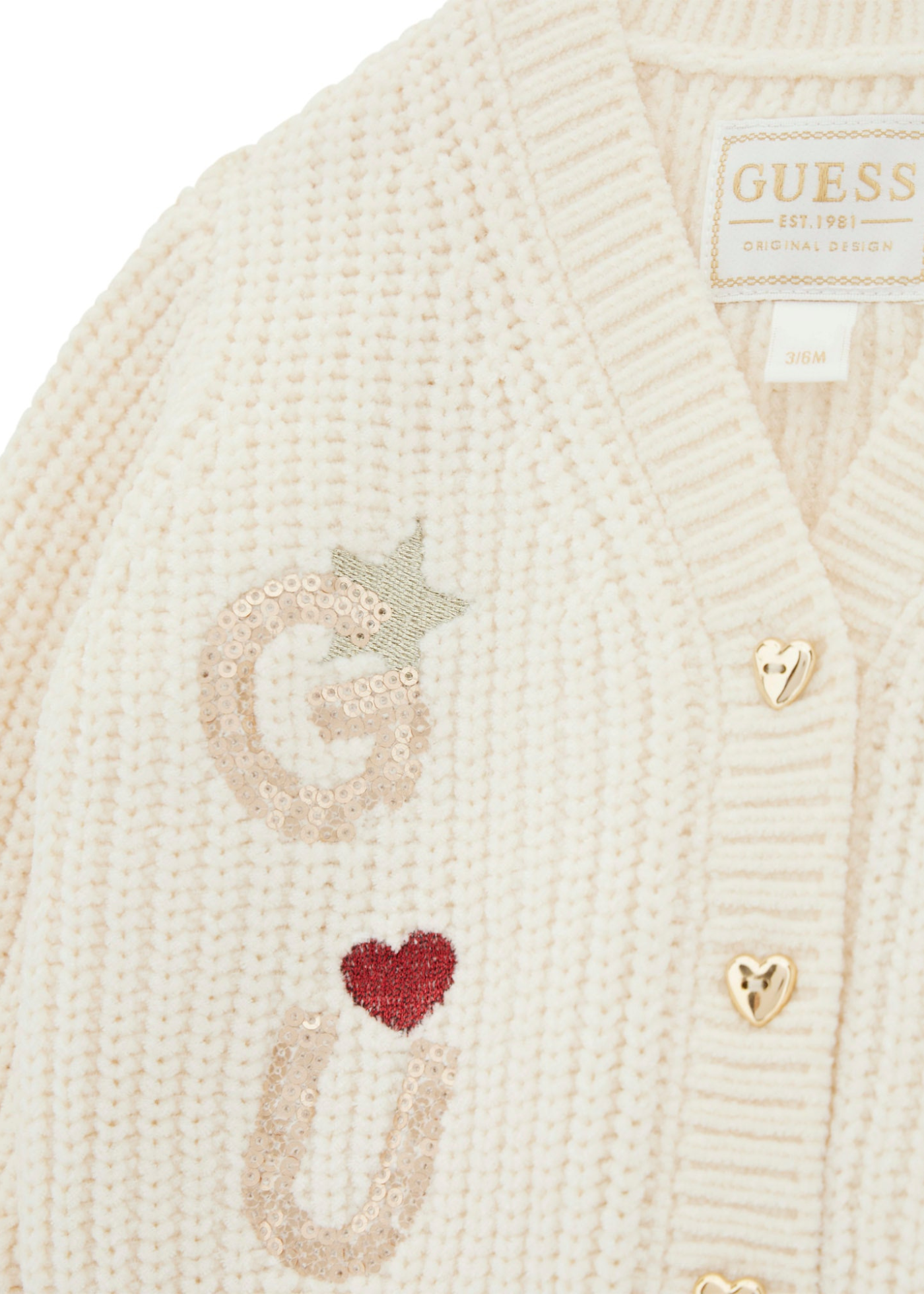 Cardigan Tricotat Crem cu Nasturi Inima Aurii si Paiete A5BR00 Z3OC0 G012 Guess