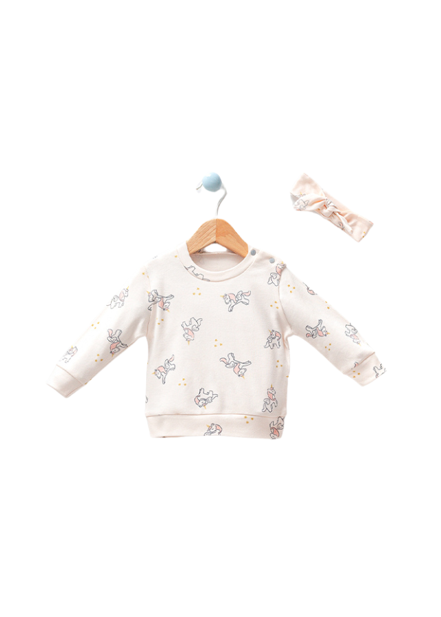 Set 2 Piese Bluza si Pantaloni Crem cu Unicorni 7011 Bubbles