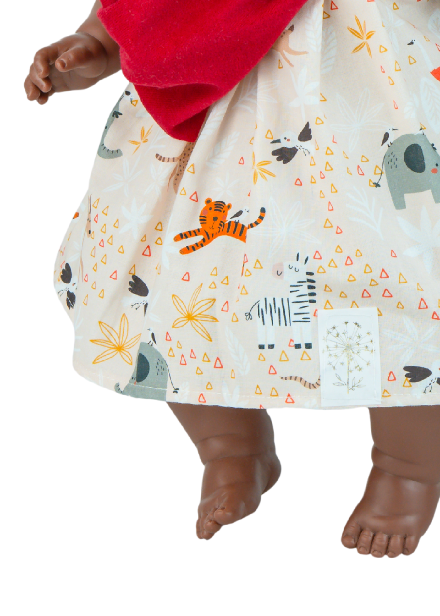 Papusa Parfumata Negresa Kenia Jungle, Corp Moale cu Rochita Alba Imprimeu Animale si Bebelus in Marsupiu 2036 - Marina&Pau