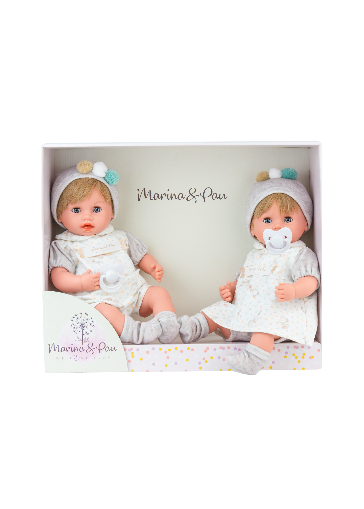 Reborn Gemeni 35 cm, Corp Moale, Fetita cu Rochie Imprimeu si Baietel cu Salopeta Imprimeu 3160 - Marina&Pau