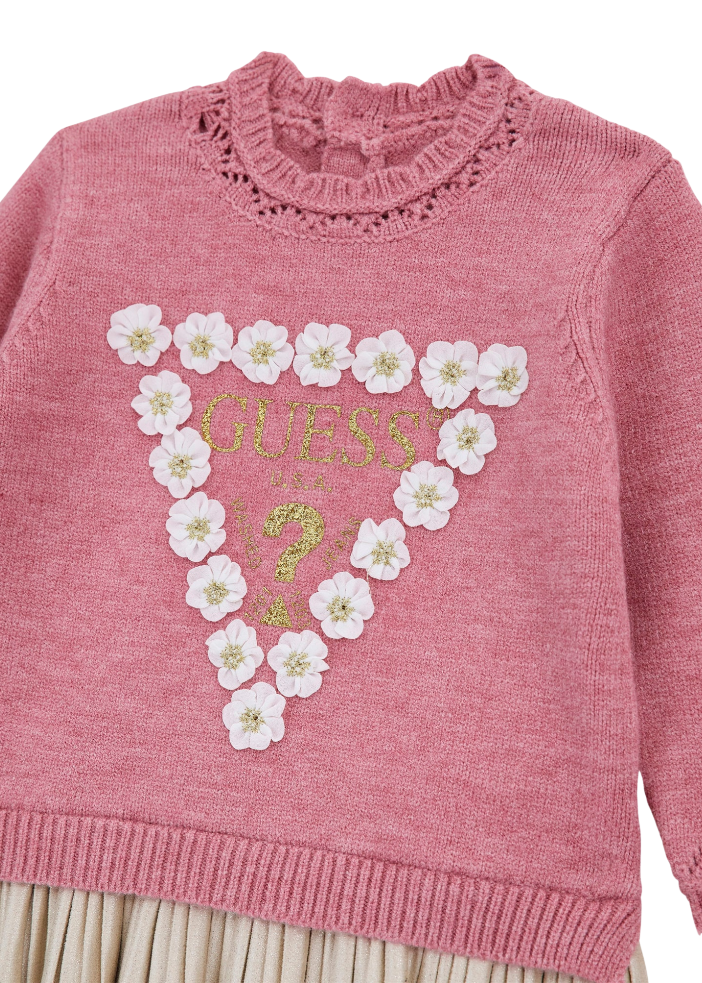 Rochie cu Maneca Lunga Tricotata Roz cu Fusta Plisata Bej A5YK07 Z3OS0 F9CB Guess