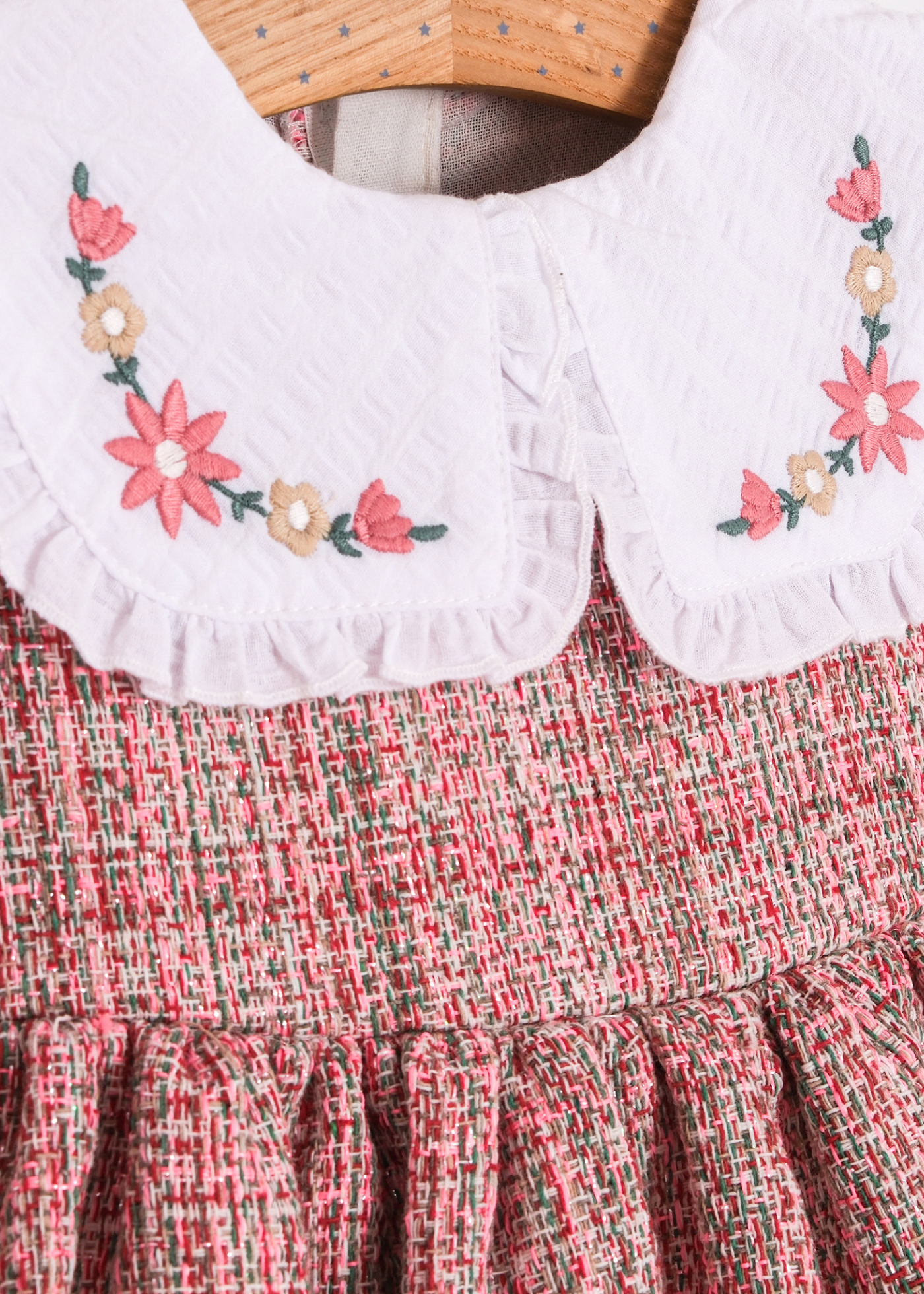 Rochie Tip Sarafan Stofa Roz cu Maneci si Guler din Bumbac Alb 3758 Mino Baby