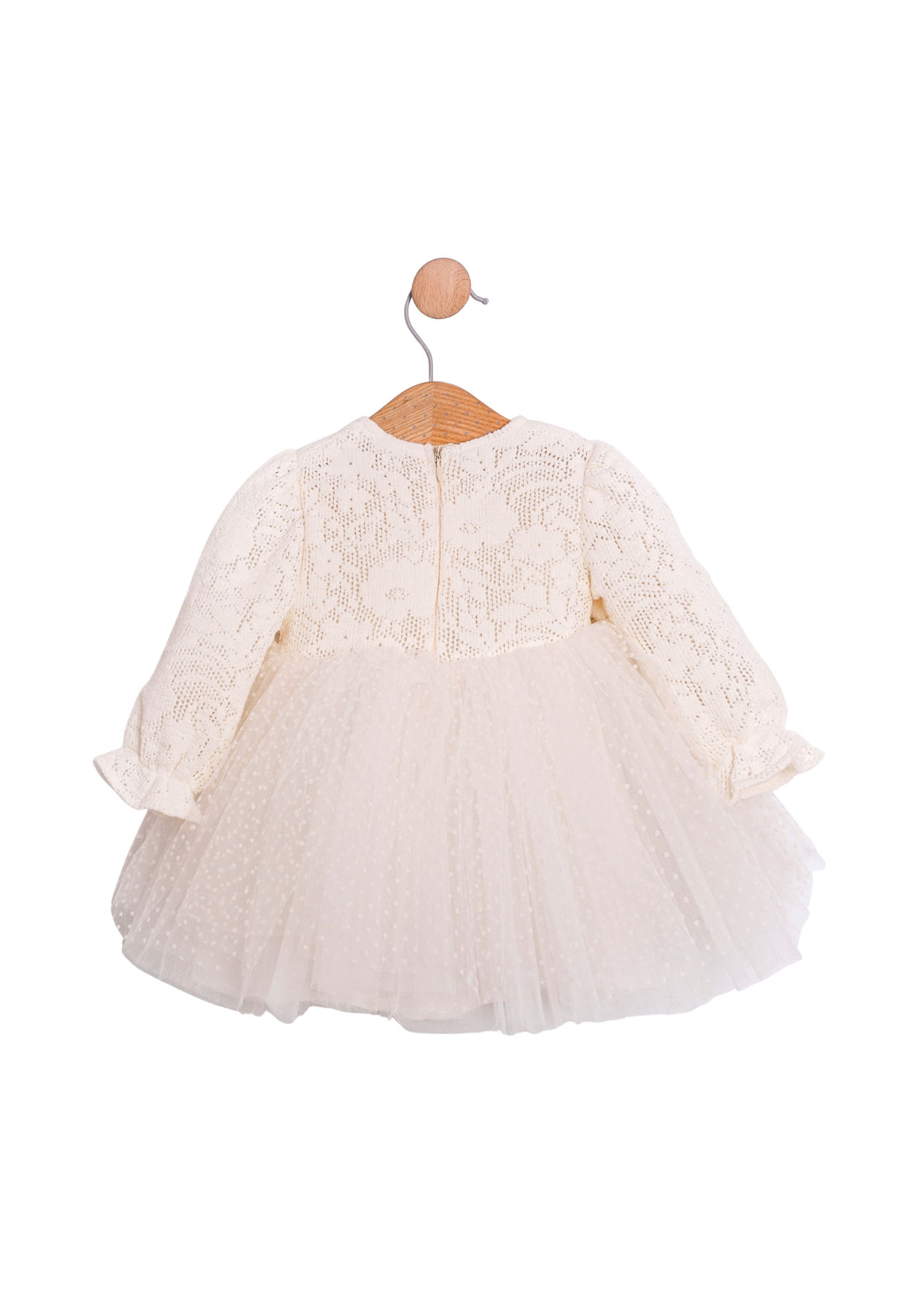 Rochie Crem cu Maneca Lunga Bust Dantela si Fusta Tulle cu Picouri cu Geanta MJ169 Mary & Joe