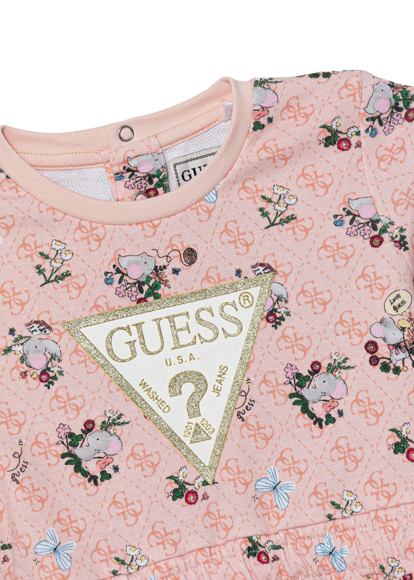 Rochie Somon cu Maneca Lunga cu Monograma si Imprimeu Fluturi si Flori A5YK02 KA6R4 P6XC Guess