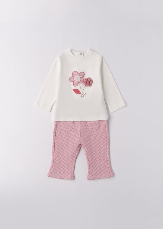 Set 2 Piese Fetite Bluză Crem Maneca Lunga Floare Pantaloni Lungi Pepit Roz 4.F121/00 iDO