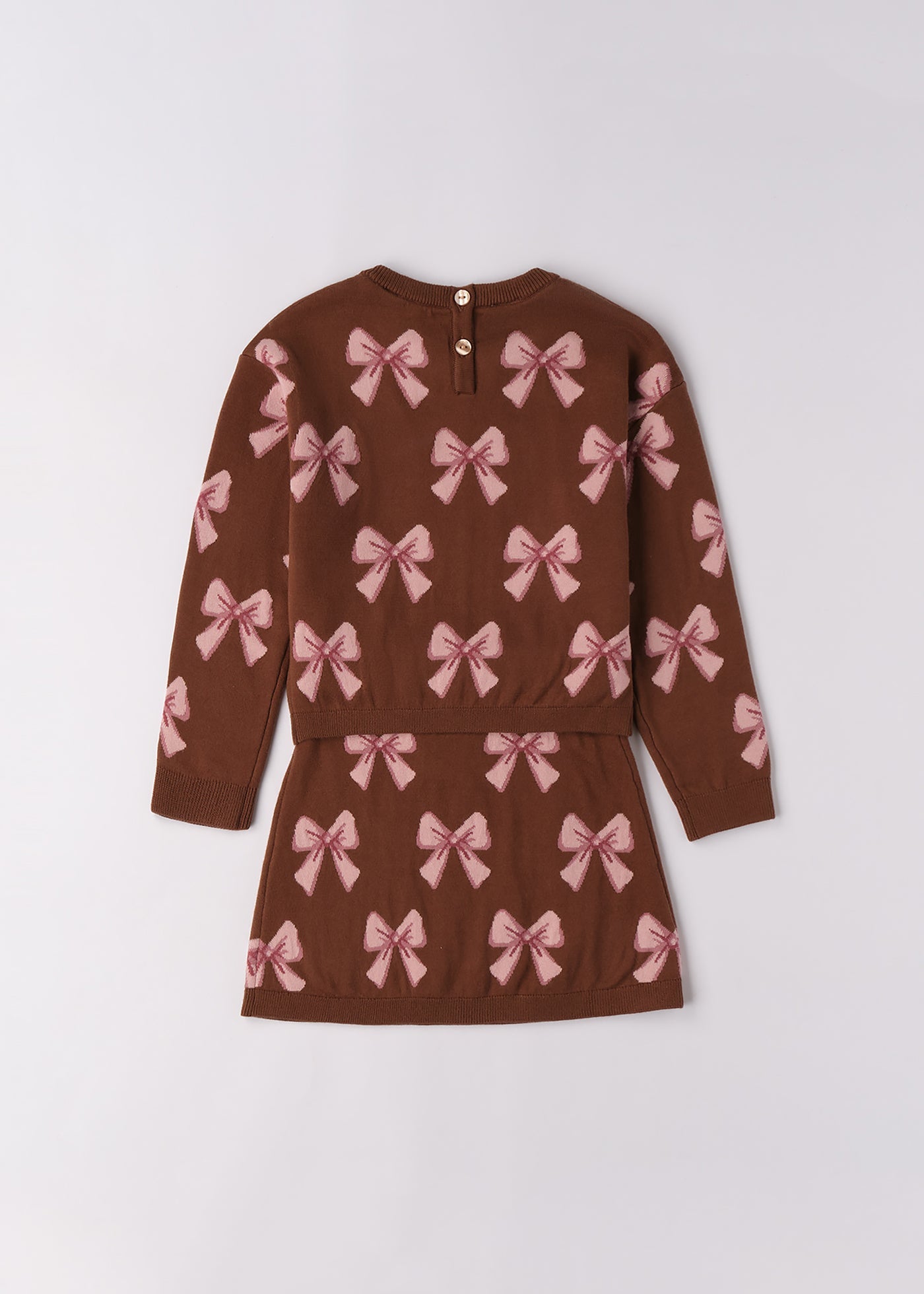 Set  Fete 2 Piese Tricotat Bluza Si Fusta Maro Cu Funde Roz 4.F341/00 iDO