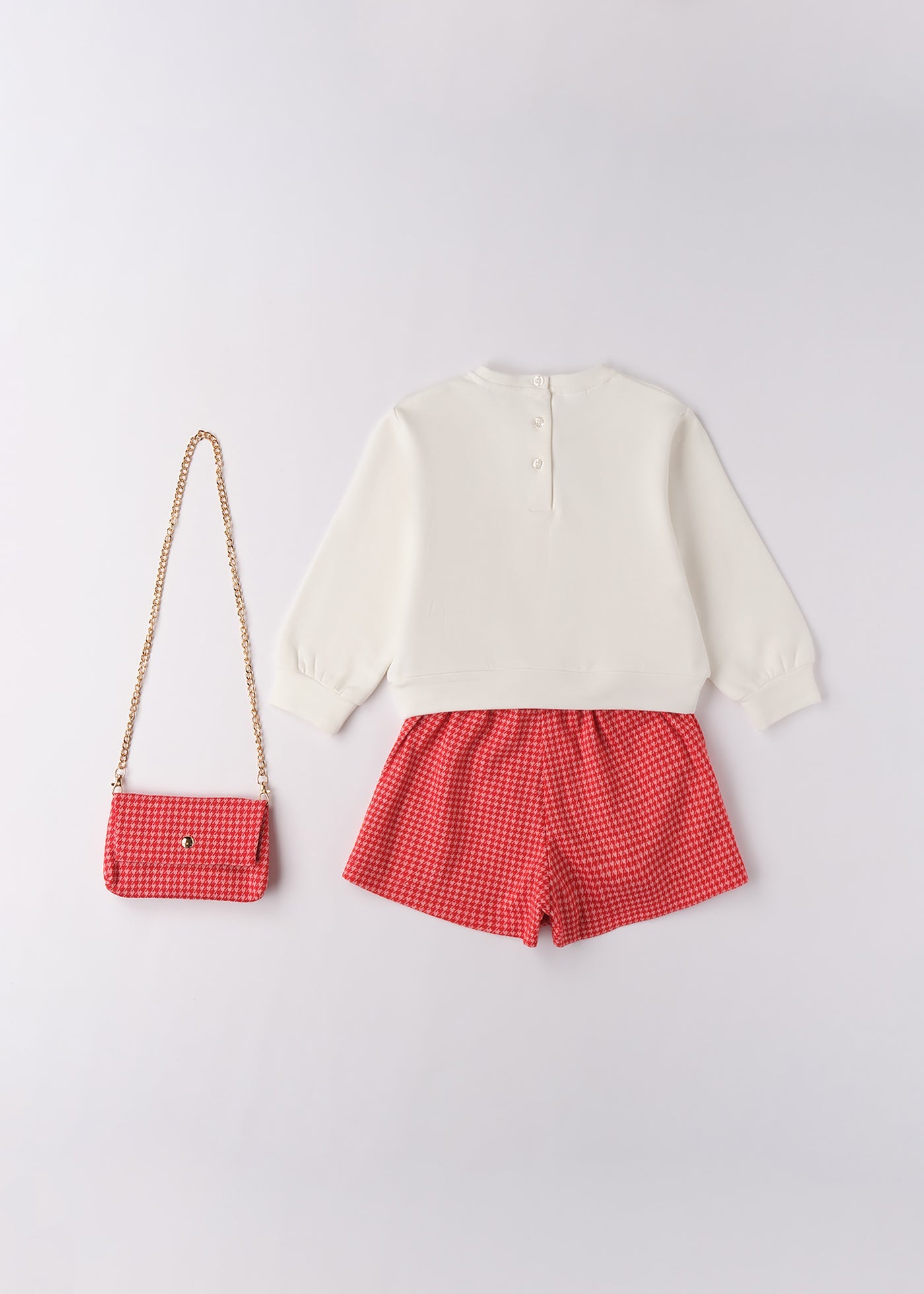 Set Fete 3 Piese Bluza Crem Fusta Pantalon Si Geanta Pepit Rosu Cu Roz 4.F344/K1 iDO