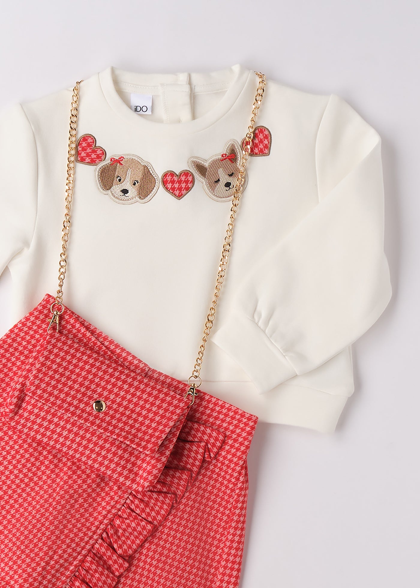 Set Fete 3 Piese Bluza Crem Fusta Pantalon Si Geanta Pepit Rosu Cu Roz 4.F344/K1 iDO