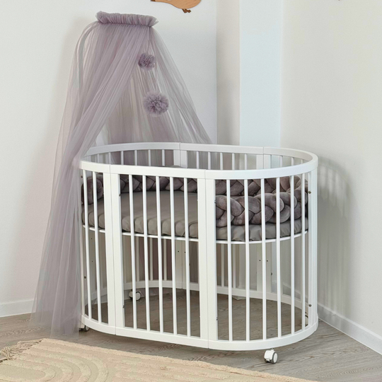 Ingvart Grey Pom Pom Crib Canopy on Wooden Base