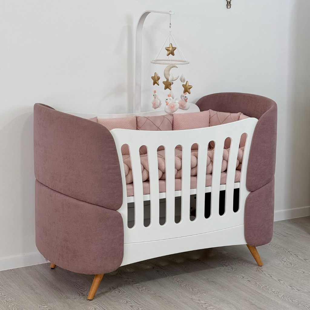 Premium Oval Convertible Crib 6 in 1 Fly White with Padded Velvet Headboards Ingvart 