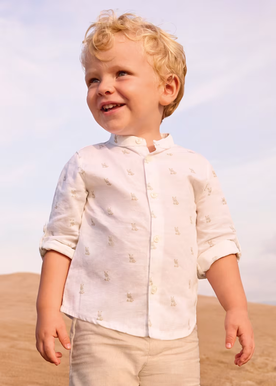 Long Sleeve Cream Cotton Linen Shirt with Bow Tie Beige Stripes 1116 Mayoral