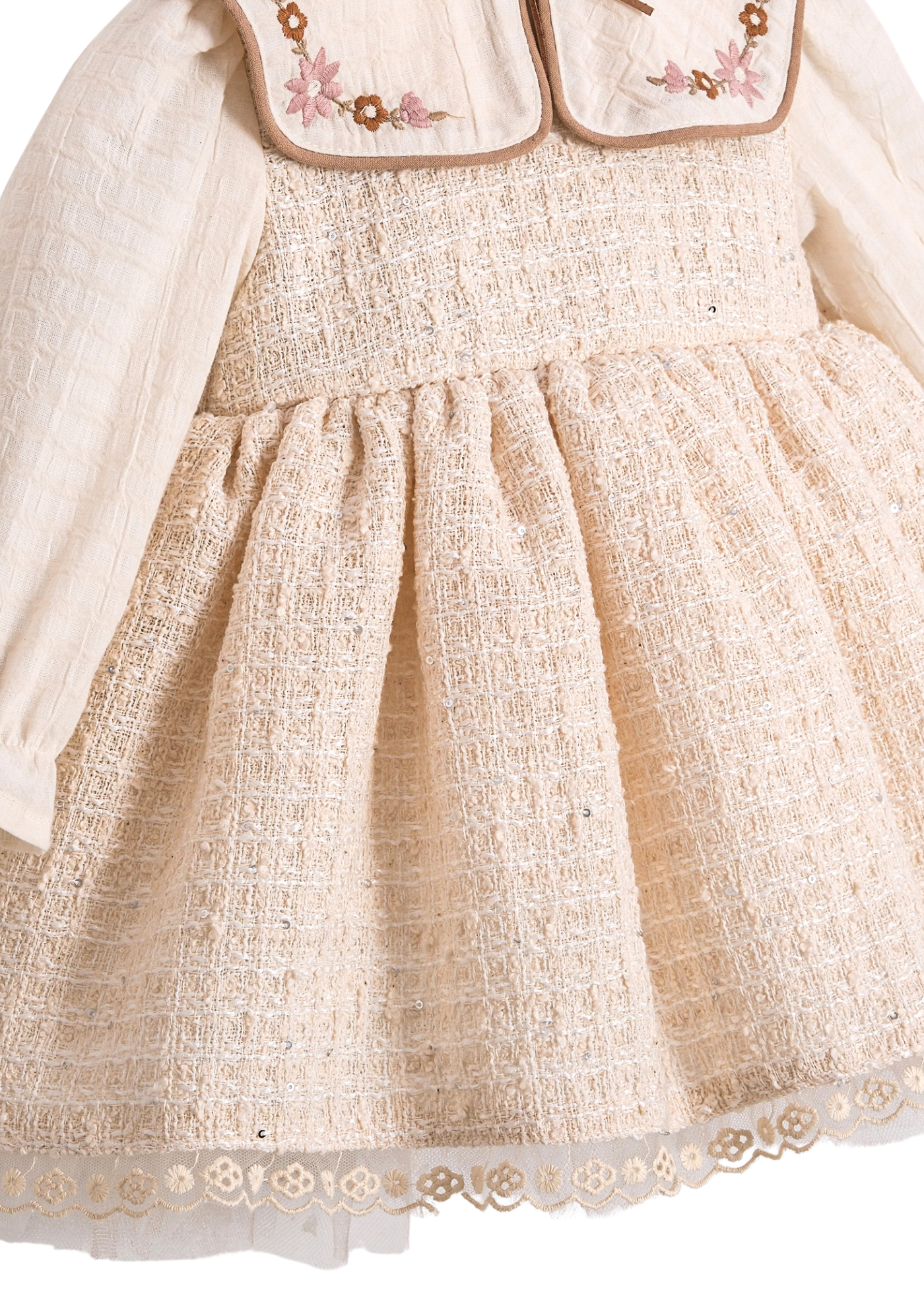 Rochie Tip Sarafan Stofa Crem cu Paiete, Maneci si Guler Tip Camasa 3732 Mino Baby