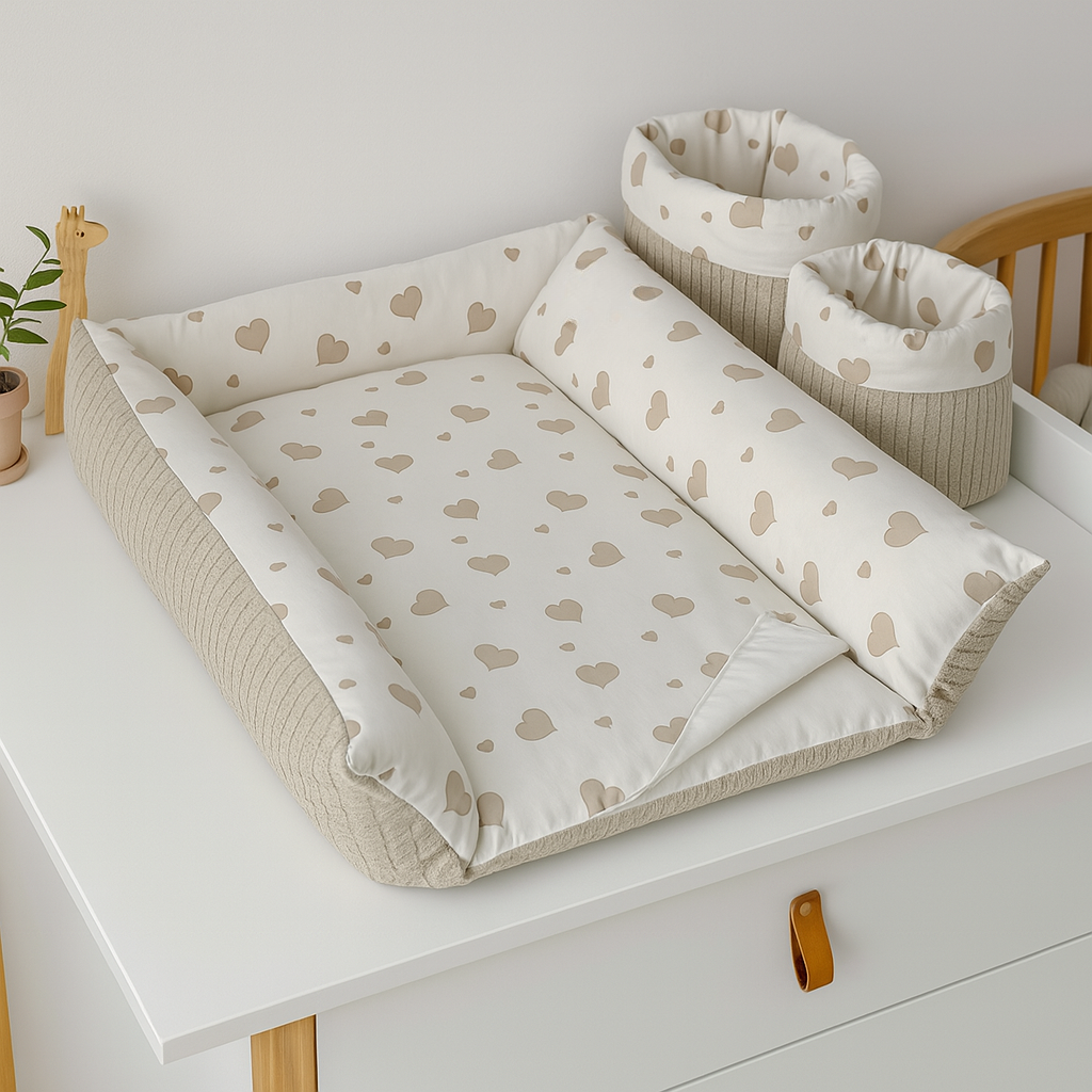 White Swaddle Mattress with Beige Heart Print for Scandi Ingvart Cabinet