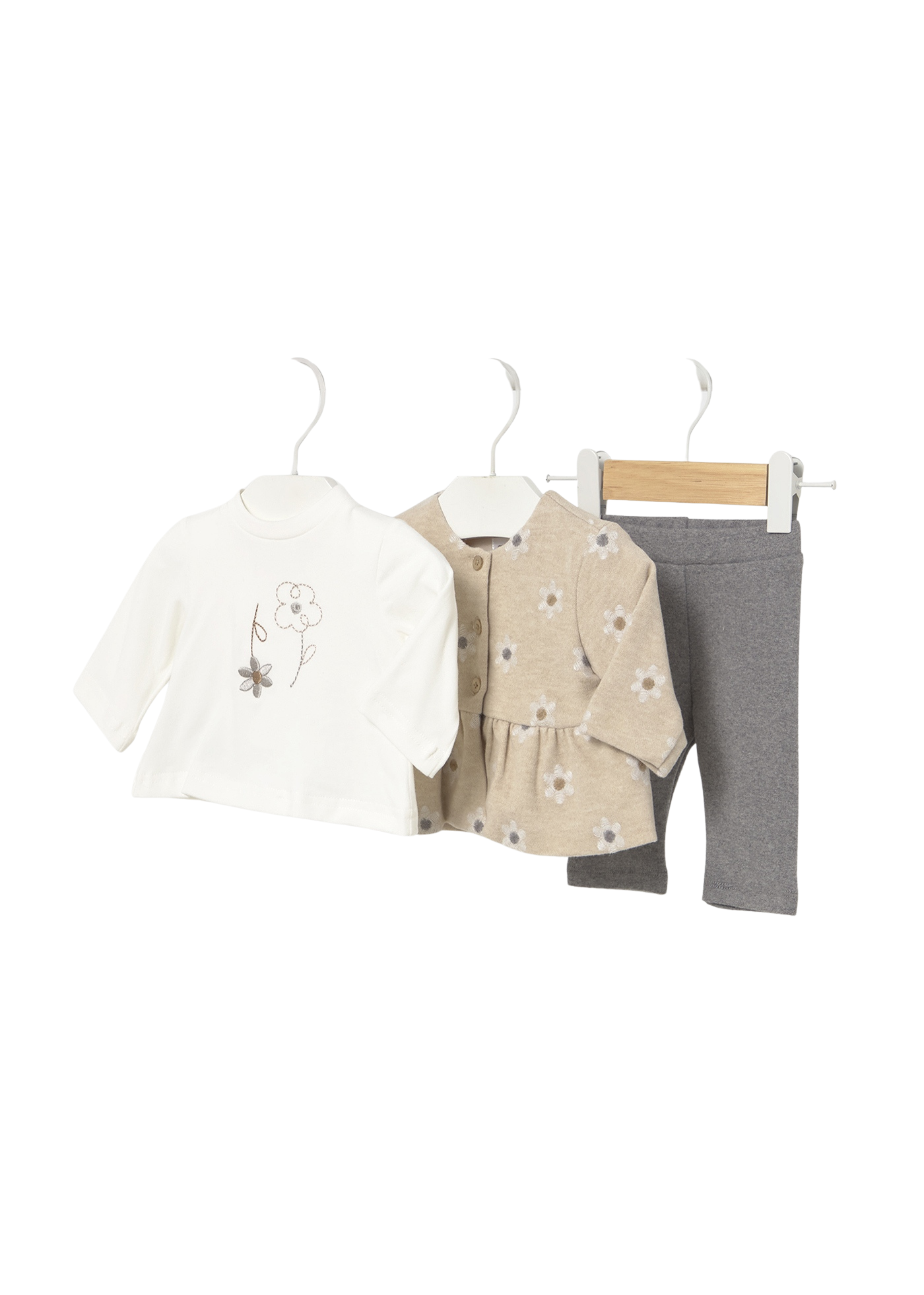 Set 3 Piese Jacheta Bej cu Flori Colanti Gri si Bluza 2733 Mayoral