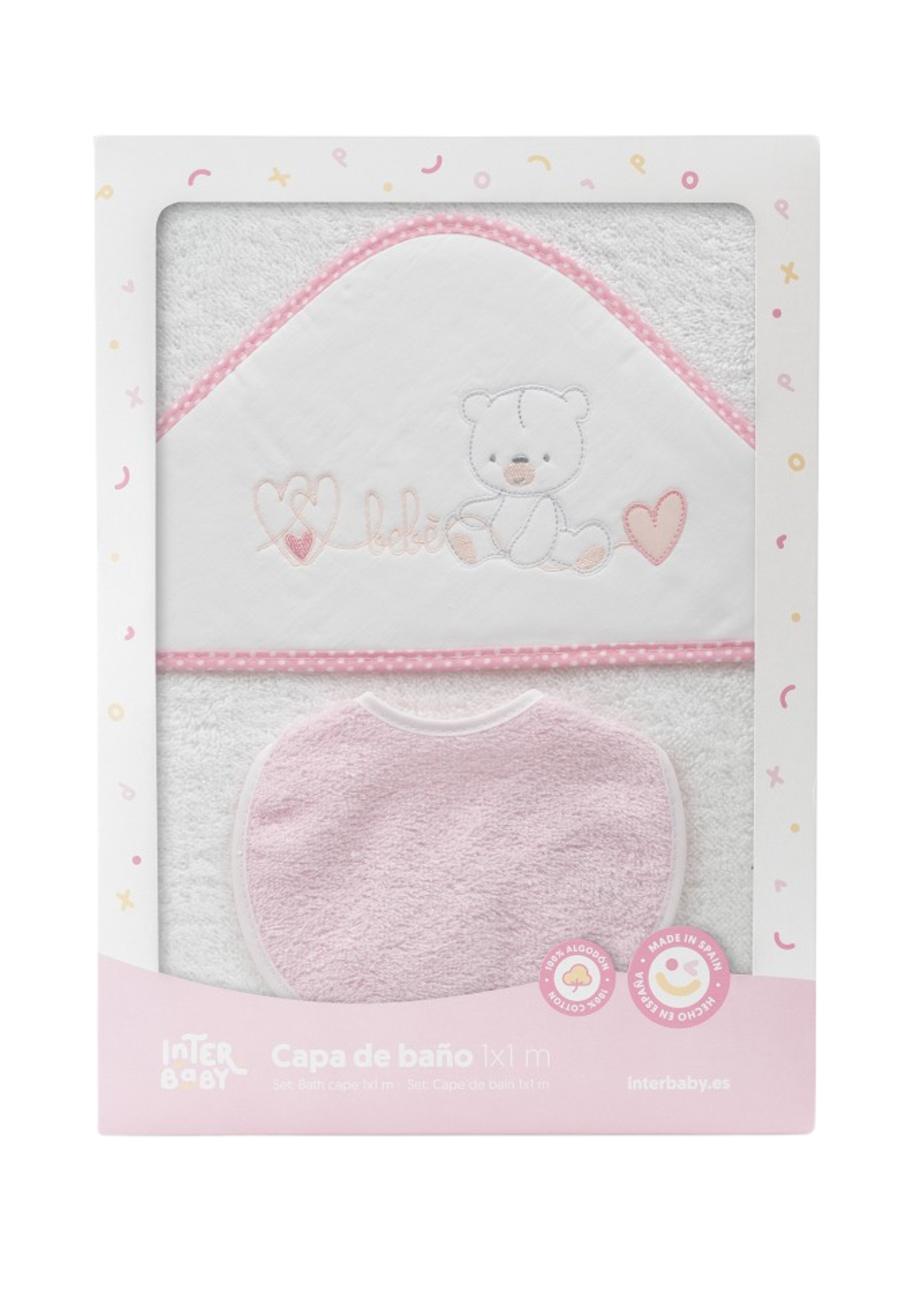 Prosop cu Capison 100x100 cm si Bavetica Alb-Roz cu Ursulet si Inimioare 01249-12 Interbaby