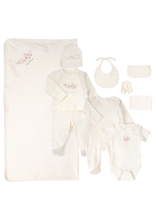 Set pentru Nou-Nascuti din 10 Piese cu Broderie Florala Crem pentru Fete Z1148 – Bebetto