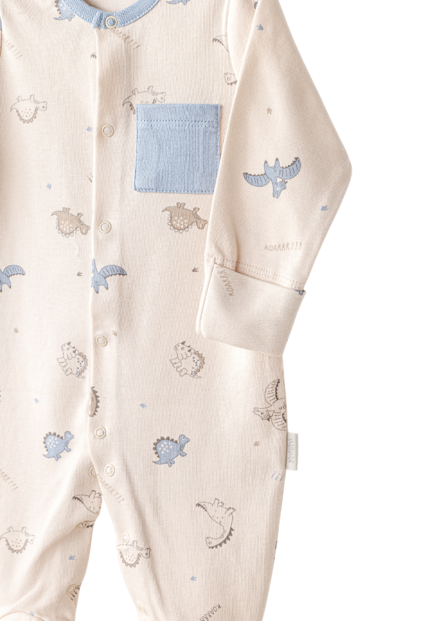 Set Salopeta Lunga Bej cu Imprimeu Dinozauri Bleu si Fes AC25919 Andywawa