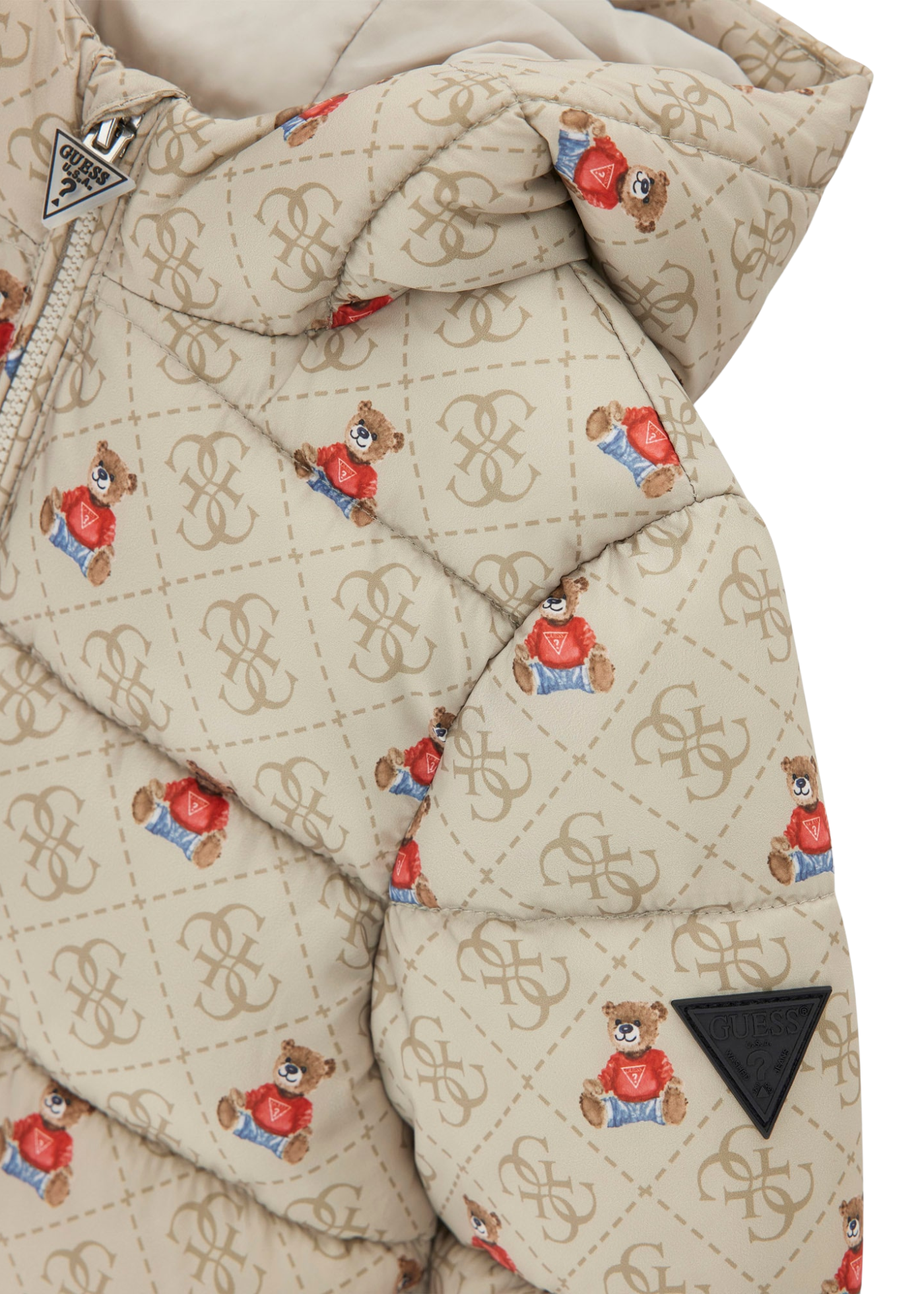 Geaca Bej Matlasata cu Imprimeu Ursi si Monograme N5BL04 WCFM0 P1LT Guess