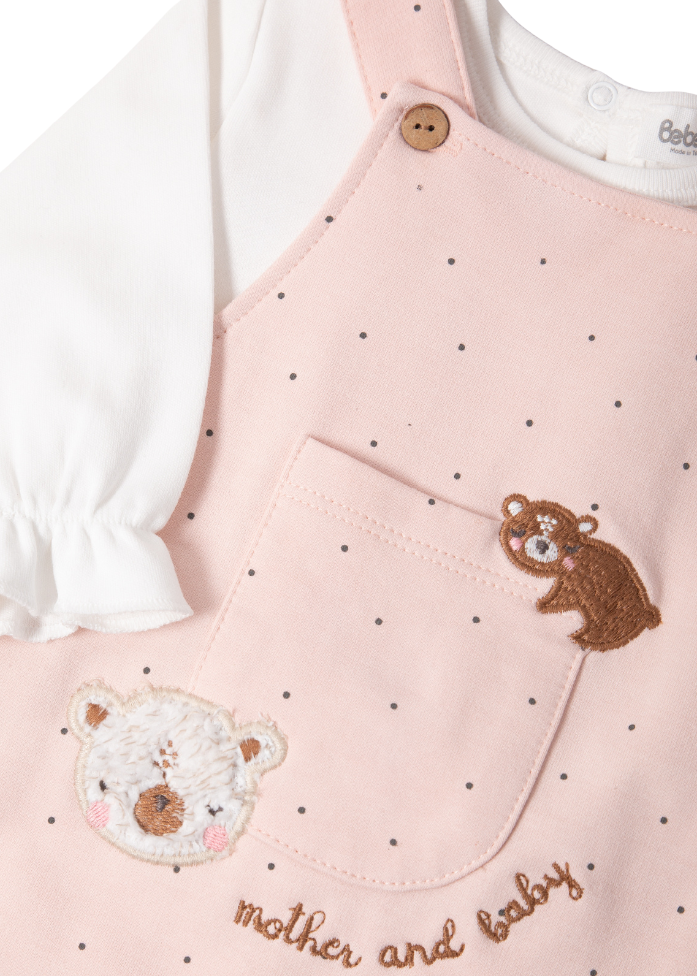 Set 2 Piese Salopeta Lunga Roz Pudra cu Picouri si Bluza Crem cu Maneca Lunga K4916 Bebetto