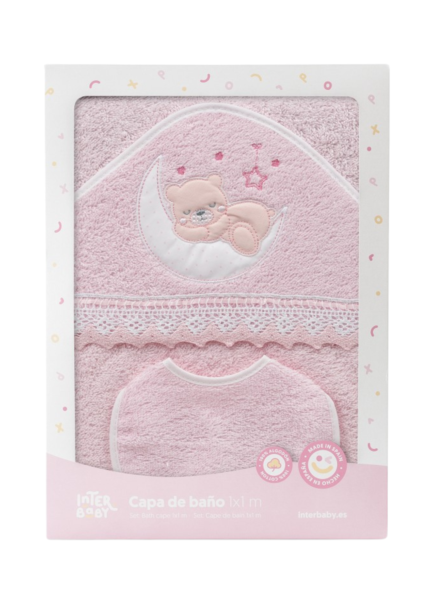 Prosop cu Capison 100x100 cm si Bavetica Roz cu Ursulet pe Semiluna 01248-02 InterBaby