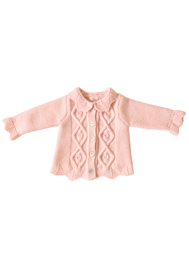 Set 3 Piese Cardigan Roz si Pantaloni din Lana Merinos Bluza din Bumbac Crem 9528 Leo King