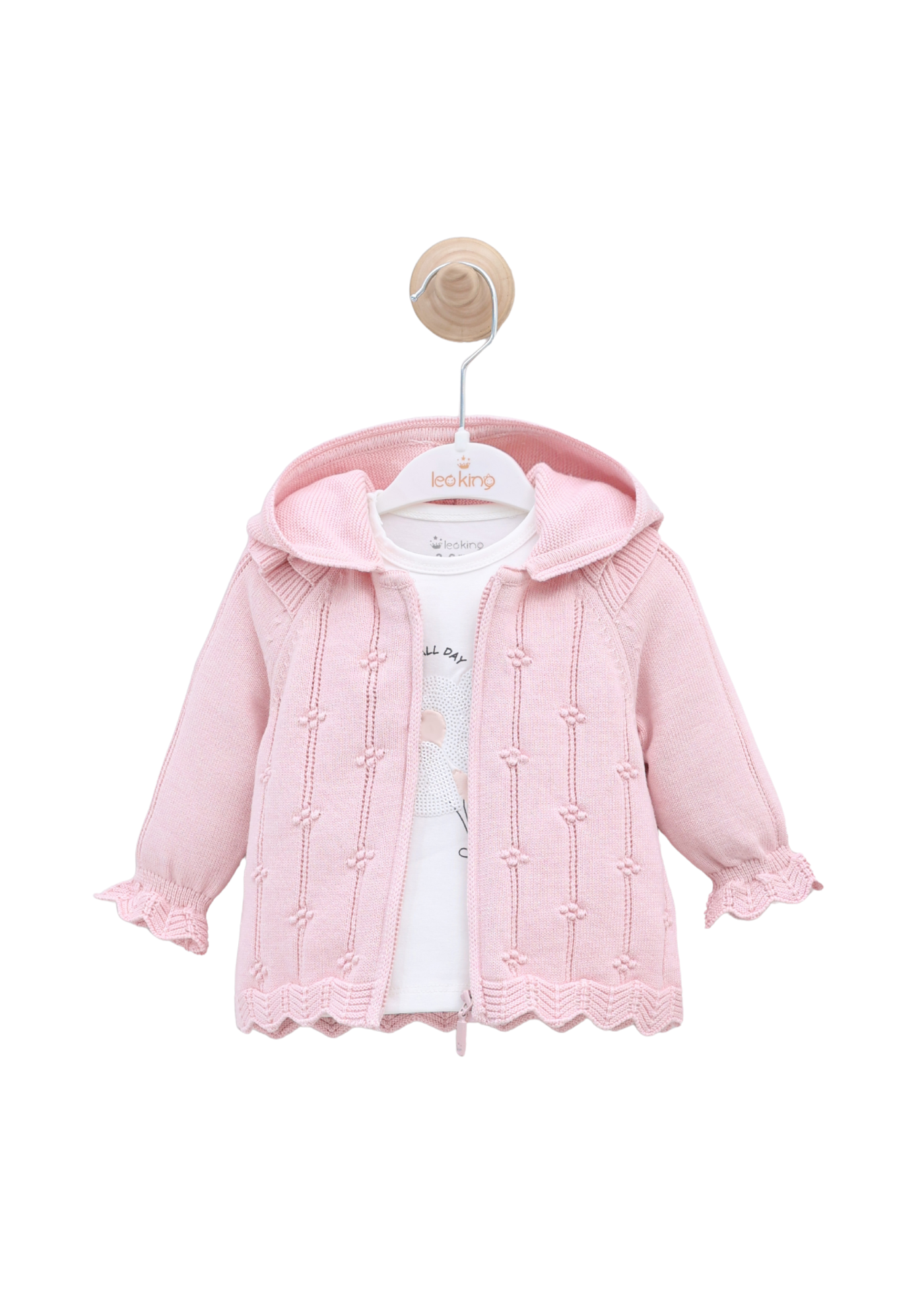 Set 3 Piese Tricotat Hanorac si Pantaloni Lungi Roz si Bluza Bumbac Alba cu Paiete 8016 Leo King