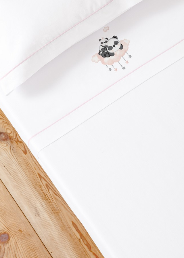Set Lenjerie Patut 3 Piese Alb-roz cu Ursuleti Panda pe Norisor D3269-02 Interbaby