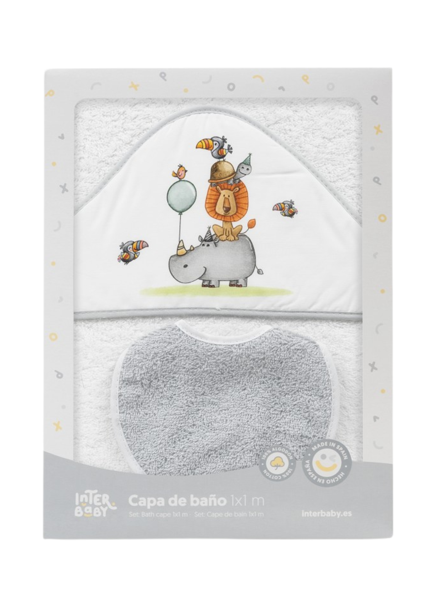 Prosop cu Capison 100x100 cm+Bavetica Alb-Gri cu Rinocer 01253-18 InterBaby