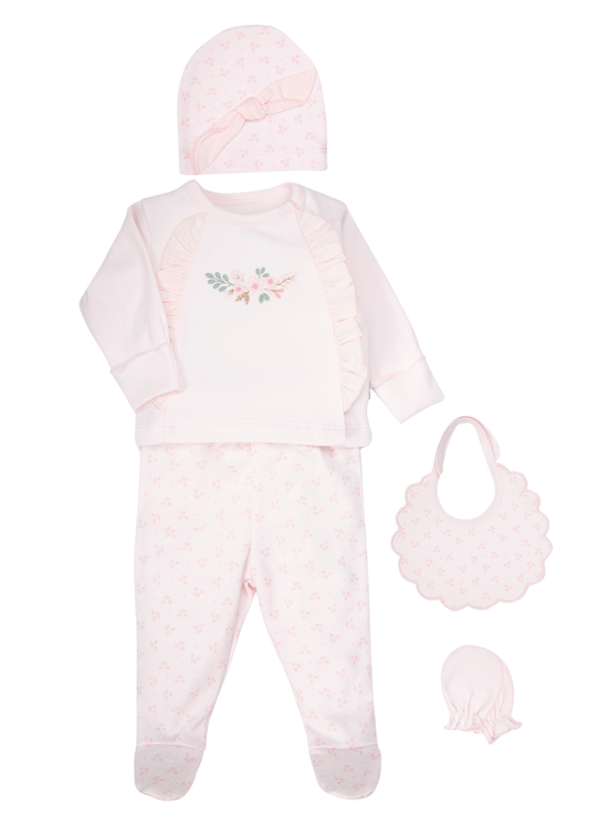 Set din 5 Piese pentru Nou-Nascut, din Bumbac, cu Broderie Florala si Volanase Roz Z1147 – Bebetto