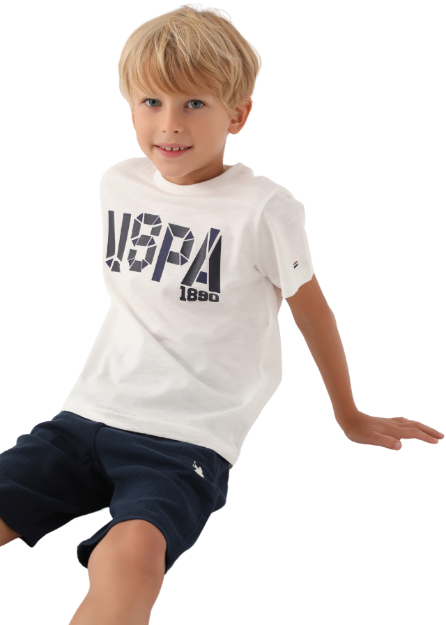 Set 2 Piese Tricou Ivory cu Logo si Paantaloni Scurti Bleumarin US1727-4 V1 Us Polo Assn