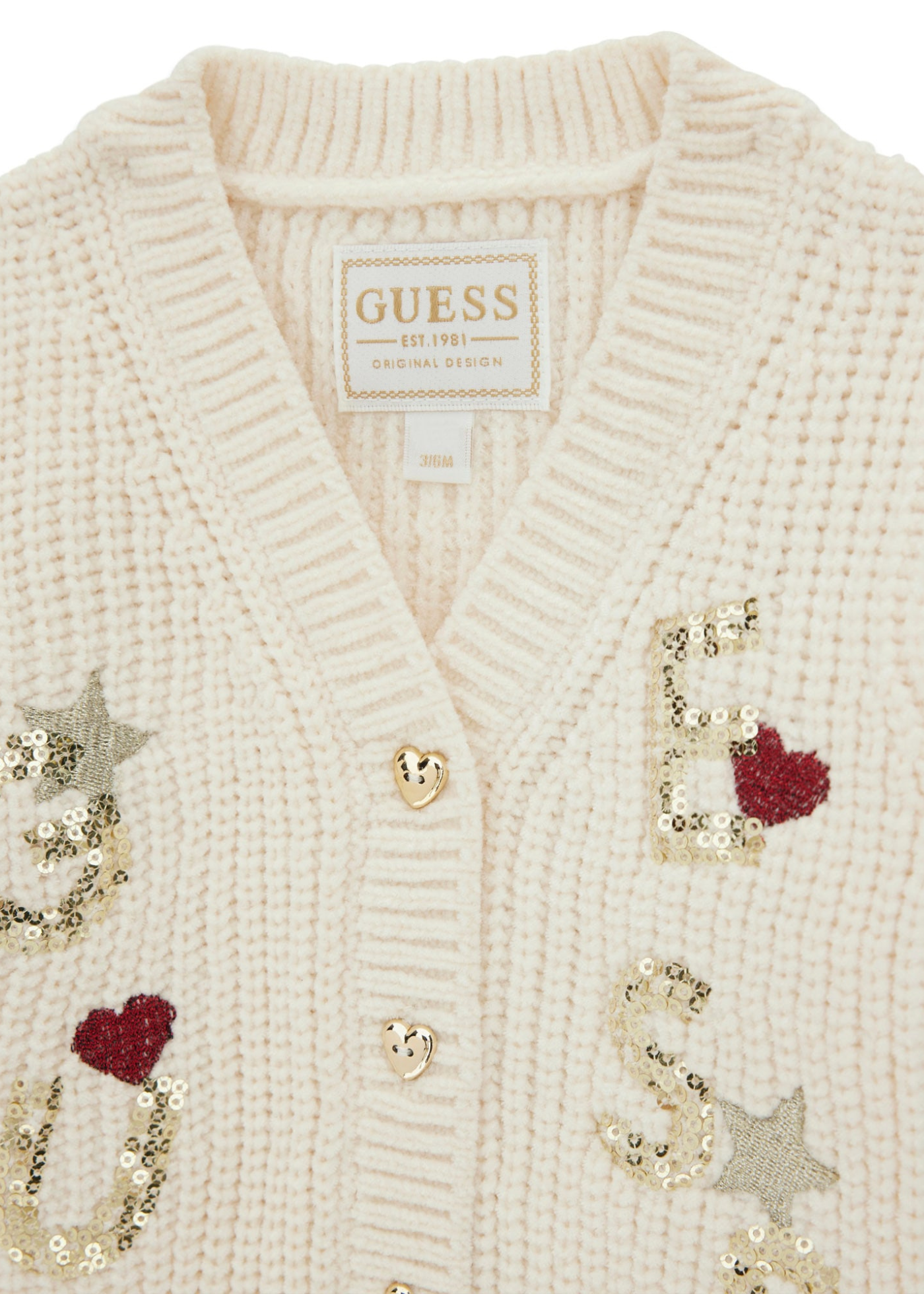 Cardigan Tricotat Crem cu Nasturi Inima Aurii si Paiete A5BR00 Z3OC0 G012 Guess