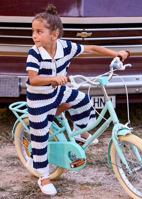 Set 2 Piese Tricotat Pantaloni Lungi si Bluza cu Maneca Scurta Alb cu Dungi Bleumarin 3595 Mayoral