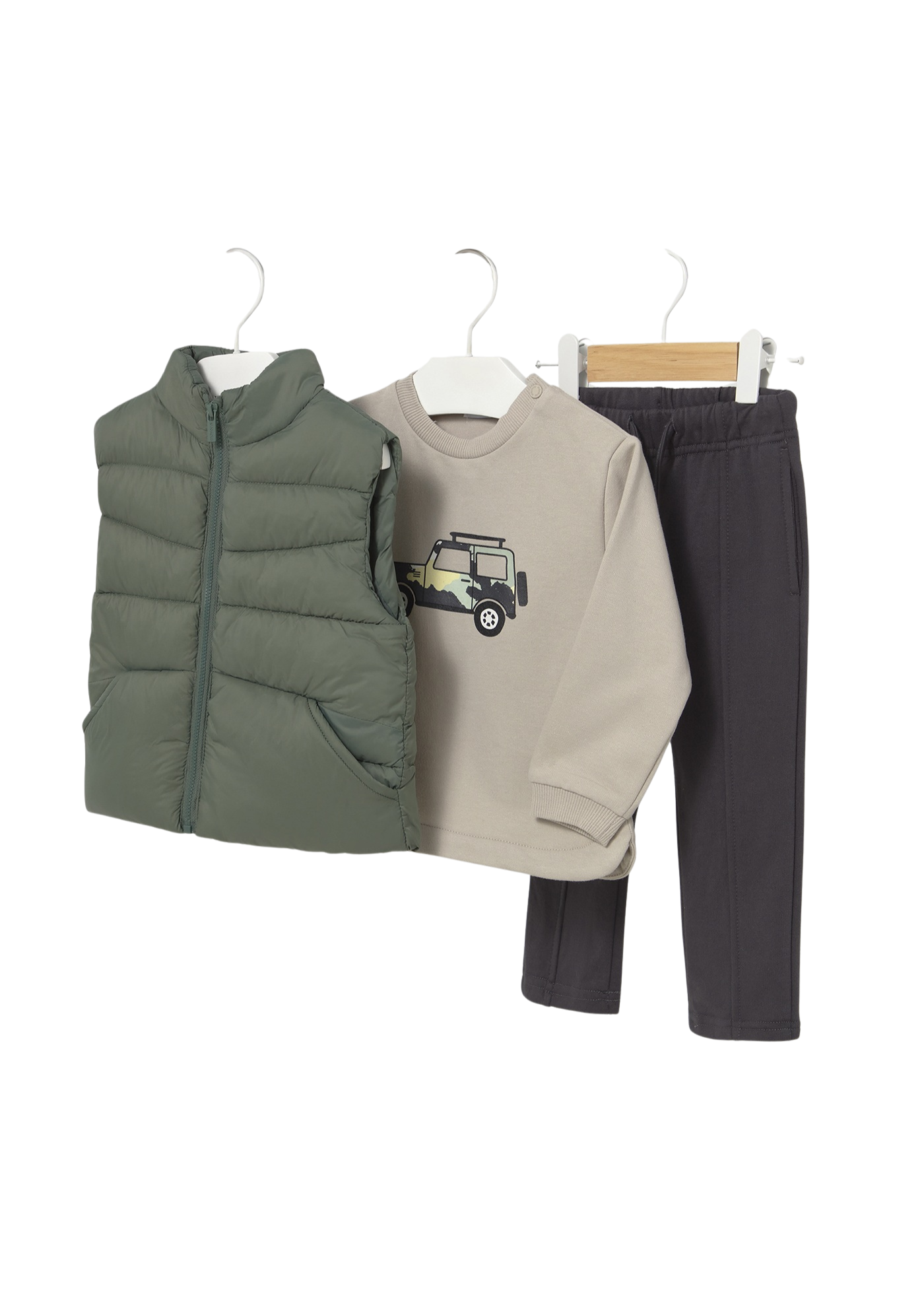 Set 3 Piese Bluza Bej Pantaloni Lungi Gri si Vesta din Fas Verde 2649 Mayoral