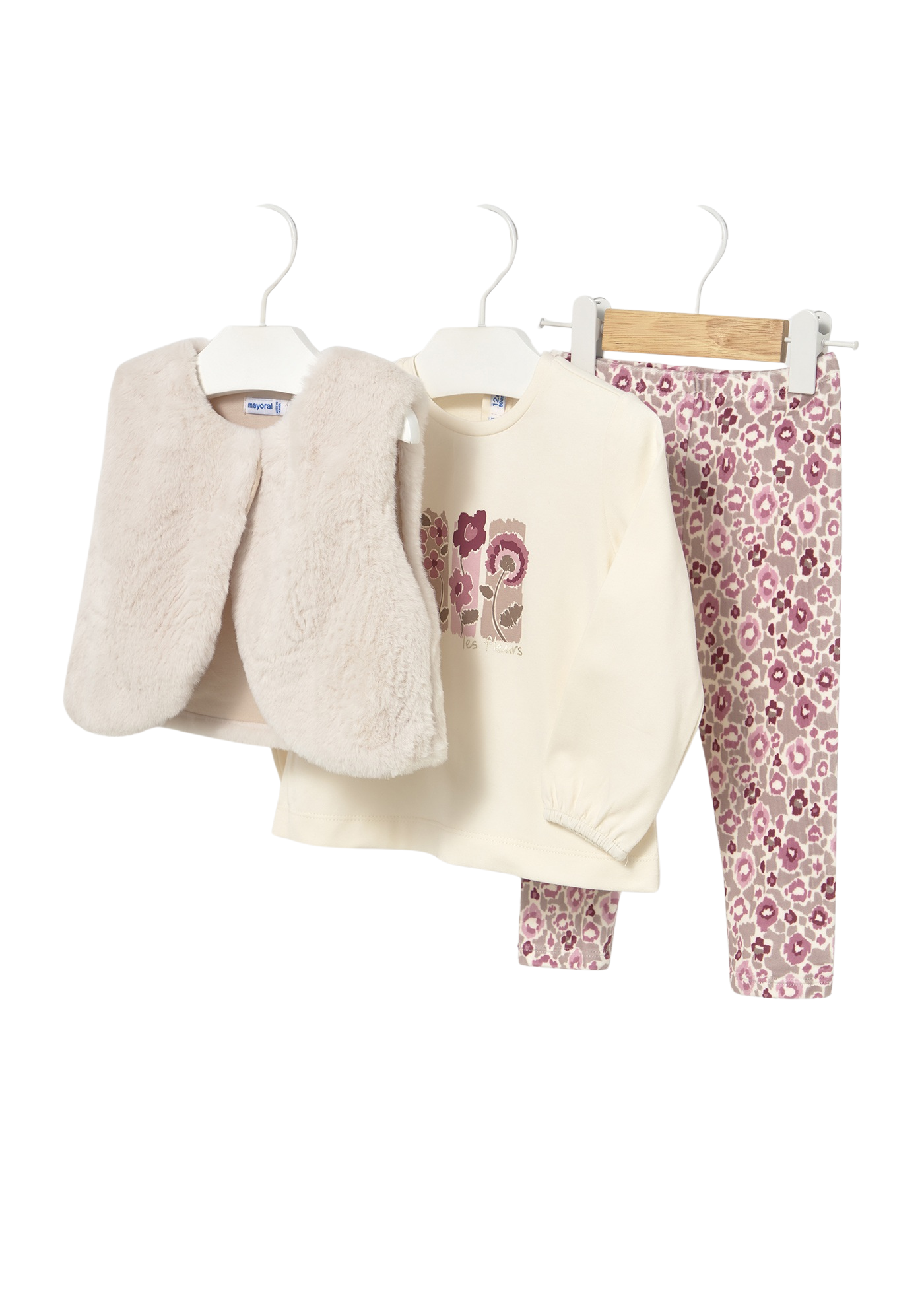 Set 3 Piese Vesta din Blana Bej Bluza si Pantaloni Bej cu Imprimeu Mov 2739 Mayoral