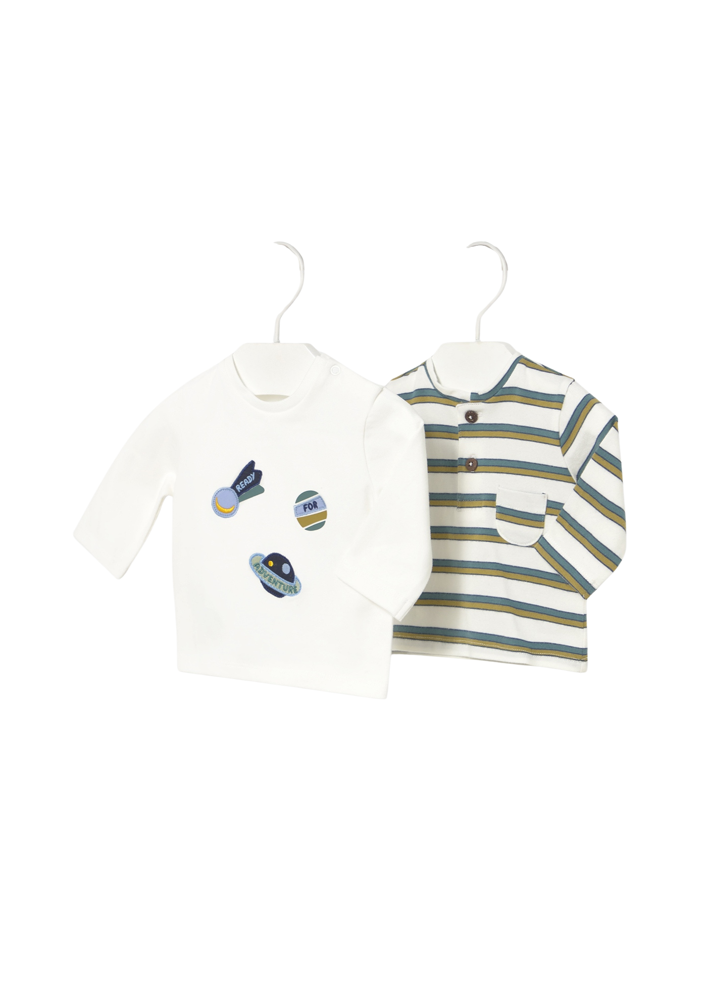 Set 2 Bluze cu Maneca Lunga Crem cu Dungi Verzi si Planete 2056 Mayoral