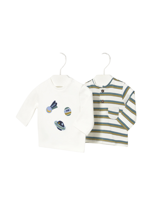 Set 2 Bluze cu Maneca Lunga Crem cu Dungi Verzi si Planete 2056 Mayoral