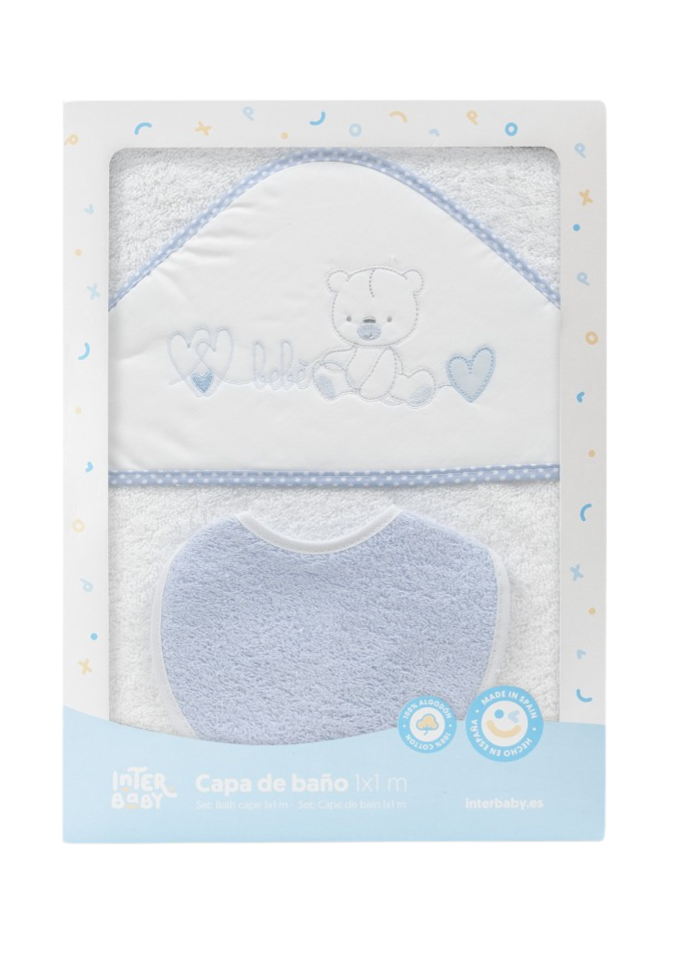 Prosop cu Capison 100x100 cm si Bavetica Alb-Bleu cu Ursulet si Inimioare 01249-11 Interbaby