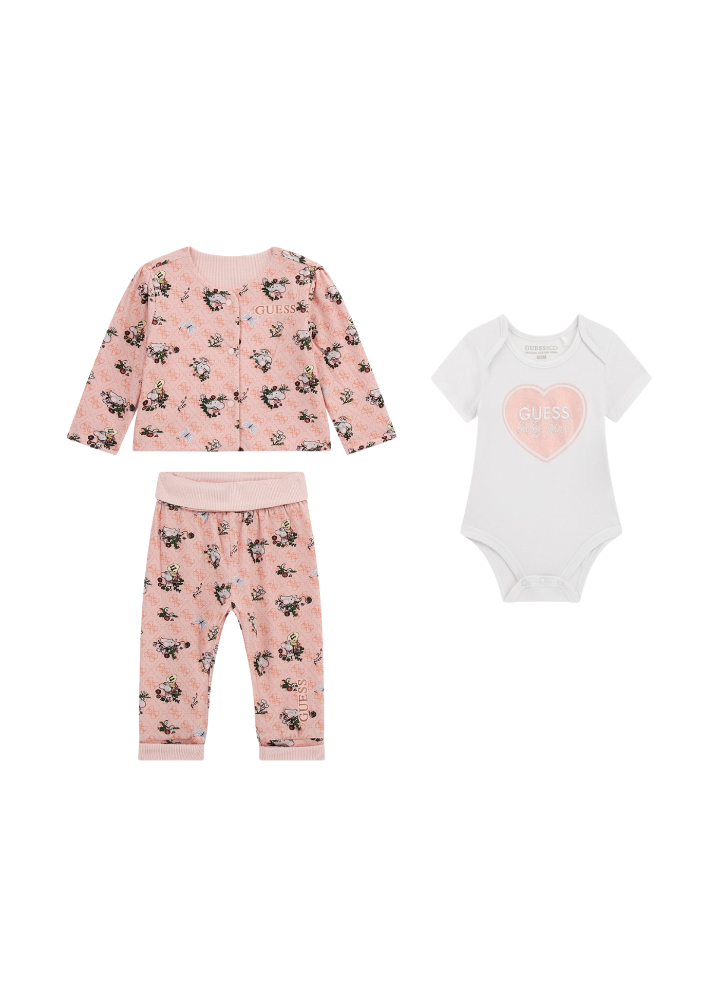 Set 3 Piese Jacheta si Pantaloni Lungi Roz si Body Alb cu Maneca Scurta S5YG04 KBZP4 G6R1 Guess