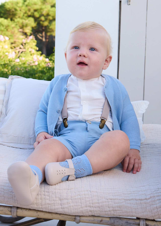 2-piece set: ivory short-sleeve shirt and blue short overalls with straps, item 1278, color 40, Mayoral
