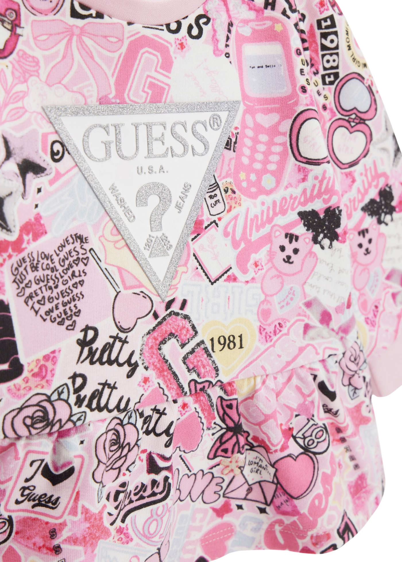 Set 2 Piese Bluza Roz cu Imprimeu Colaj si Colanti Lungi Roz A5YG01 KA6R4 P9HZ Guess