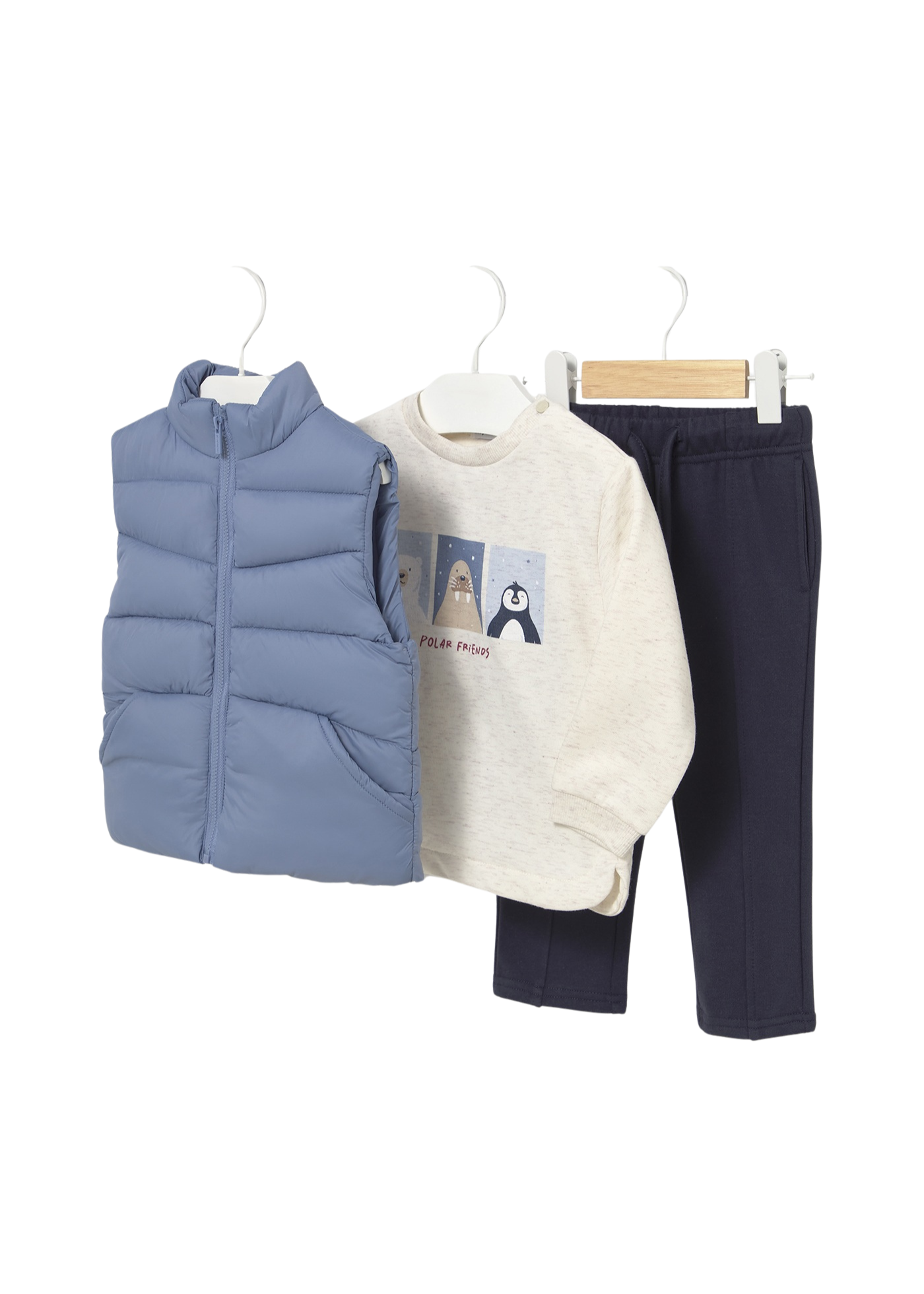 Set 3 Piese Bluza Bej Pantaloni Lungi Bleumarin si Vesta din Fas Gri Inchis 2649 Mayoral