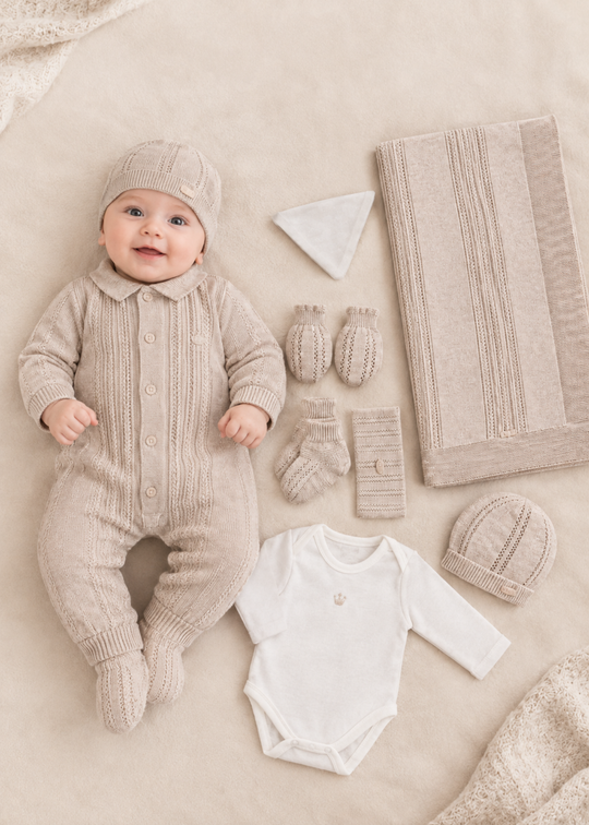 Set Nou-Nascut Tricotat Bej 8 Piese pentru Baieti 3157 – Leo King